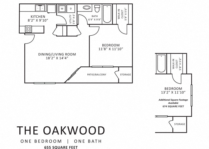 Floor plan for 1 bed, 1 bath, 674 sqft